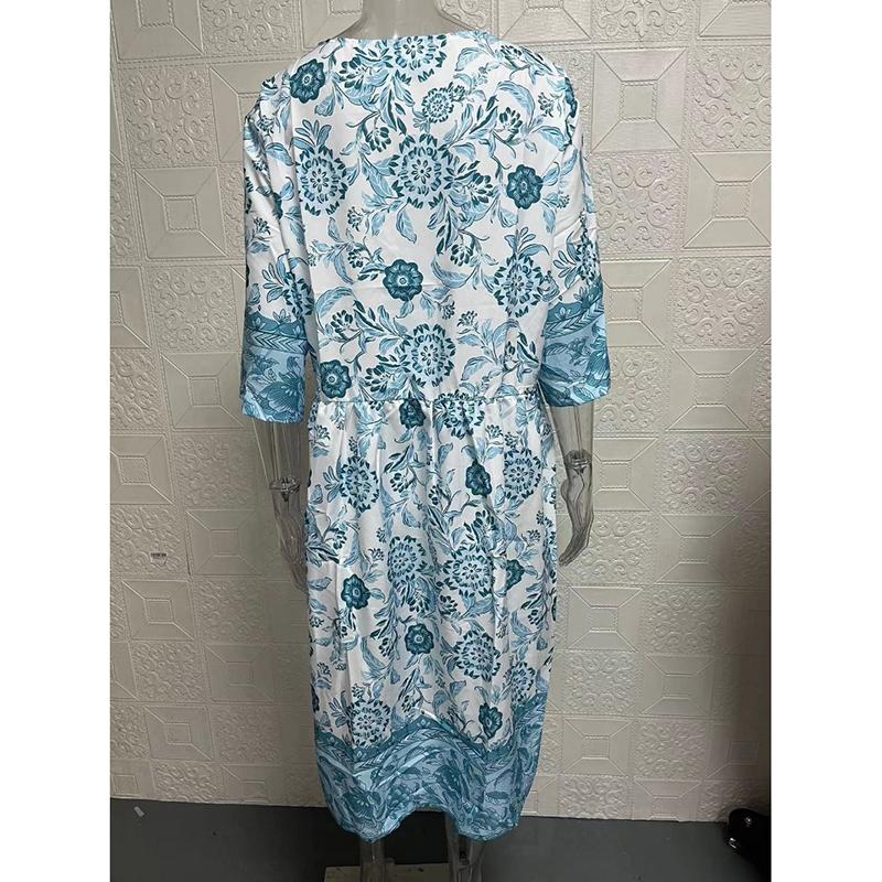 Summer Short Sleeve Print Floral Women's Dress Plus Size Fashion V Neck Elegant Loose Casual Dress Lady Vintage Sexy Club Dresses Female Clothes 25030