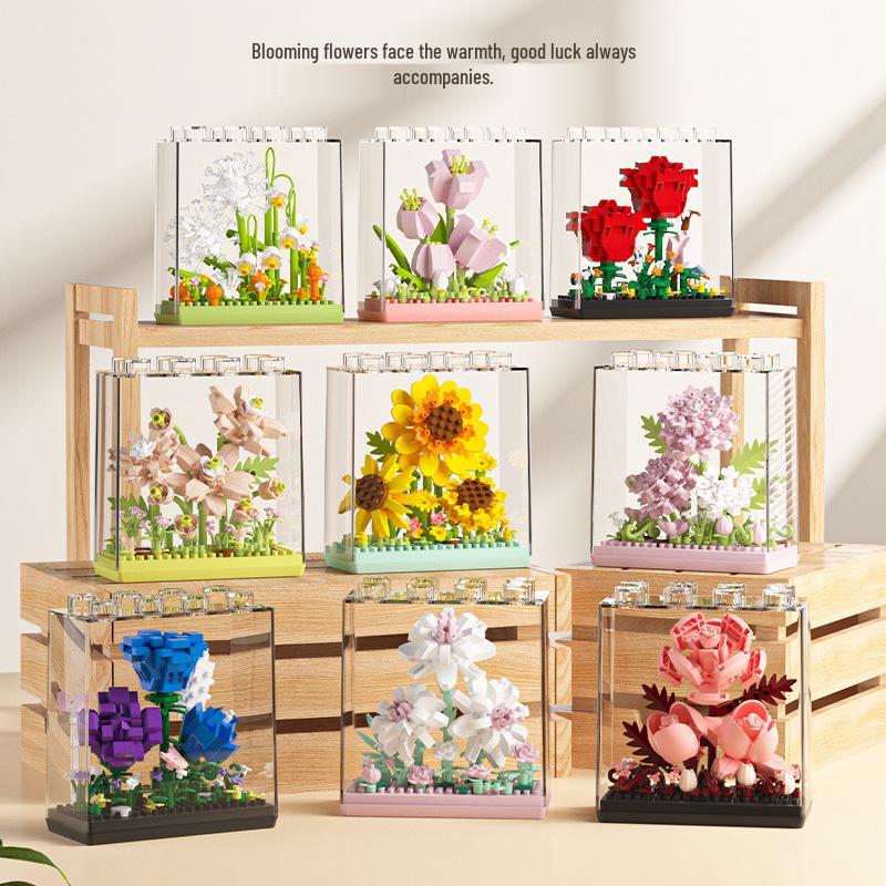 Dream Flower Box: Preserved Building Block Bouquet Set - Sunflower & Carnation. Ideal Toy for Children's Assembly.