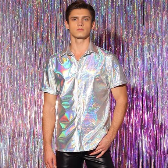 Pánská lesklá metalická košile s krátkým rukávem s klopou, zapínací na knoflíky, třpytivý disco outfit pro pódiové vystoupení, noční klub, taneční párty, bar