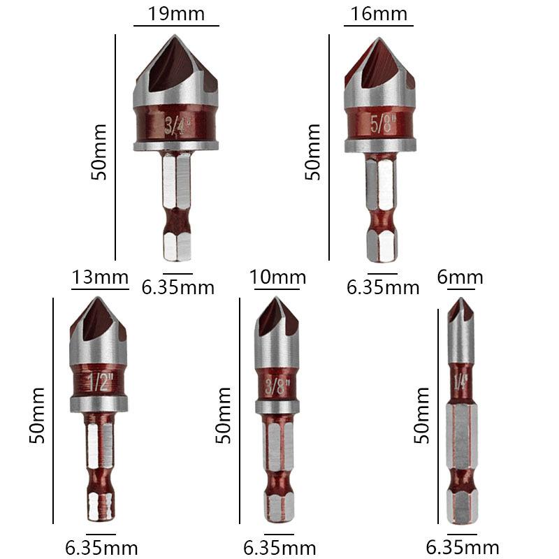 5 szt./zestaw 1/2"1/4" 3/8" 3/4"5/8" Wiertło do fazowania sześciokątny trzpień Frez do frezowania Frez do otworów Drewno Metal Plastik Narzędzia do fazowania