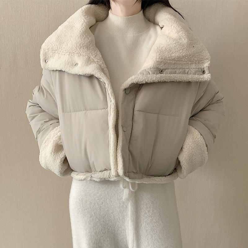European Double-sided Lamb Wool Warm Cotton Short Coat for Women Winter Thickened Loose Cotton Jacket for Small People