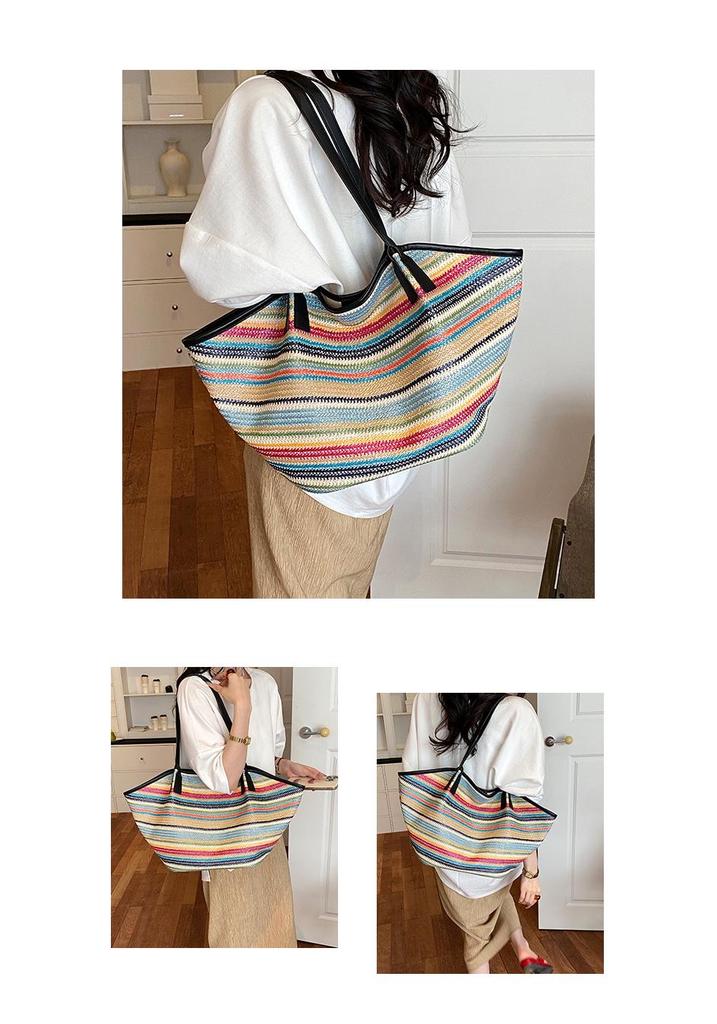 Women's Large Straw Woven Striped Tote - Single Shoulder Crossbody Bag, Casual Travel Handheld Shell Shape