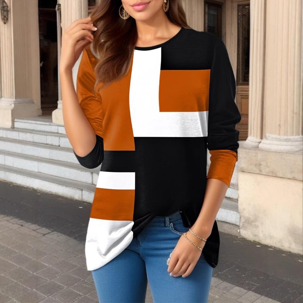 Women's Color Block Long Sleeve T-Shirt Crew Neck Casual Geometric Print Top