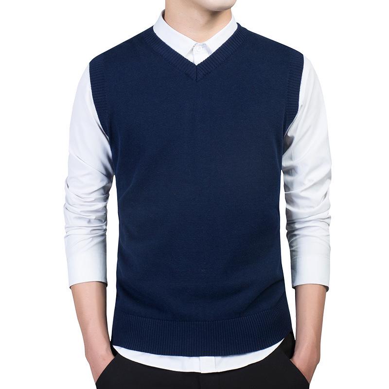 Men's Solid V-Neck Wool Knit Vest - Sleeveless Pullover for Spring and Autumn