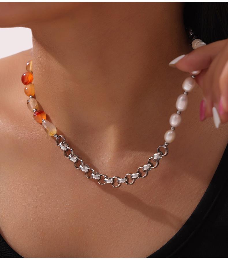 Elegant 18k Gold-Plated Titanium Necklace: Natural Stone, Pearl Beads & O-Chain