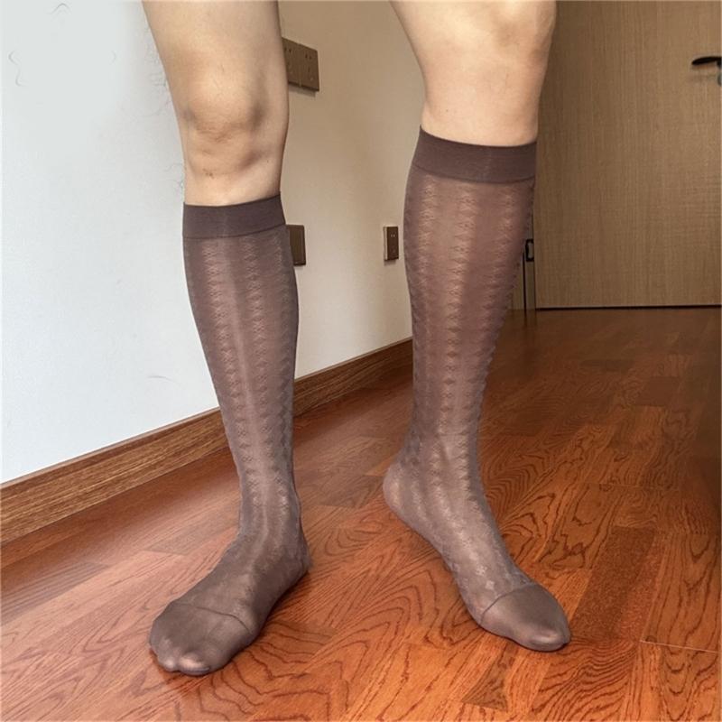 Men Thin Business Dress Socks Stretchy Nylon Sheer Knee Highs Dress Socks Over the Calf Dress Socks Sheer Casual Socks