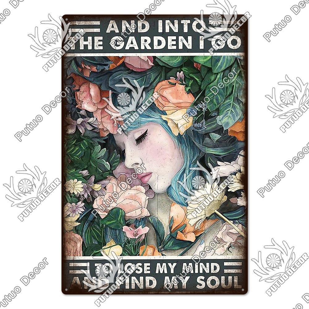 Putuo Decor Funny Cat Tin Sign Girls Flowers Vintage Plaque Metal Sign Retro Skeleton for Garden Farm Home Decoration Wall Decor