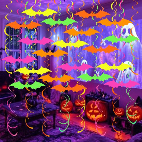 Glow in The Dark Halloween Bat Decoration Fluorescent Paper Bat Hanging Swirls Halloween Party Ceiling Streamers for Neon Party Room Decor