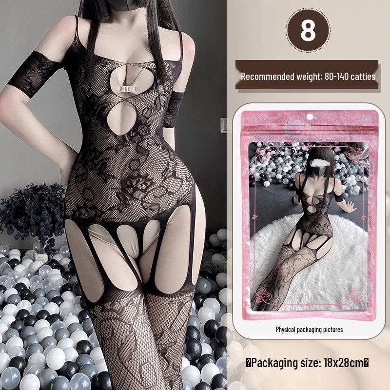 Linlinting Plus Size Sexy See-through Cutout Bodysuit with Open Crotch Stockings Set