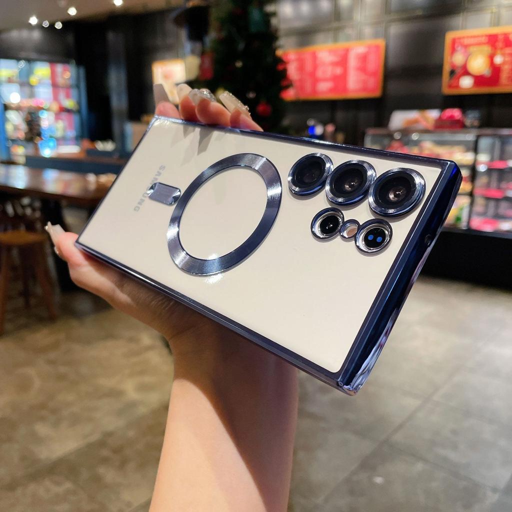 Suitable for Samsung S25 Ultra Electroplated Transparent Mobile Phone Case Magsafes Magnetic Suction S24 with Lens Film A17 Soft Case