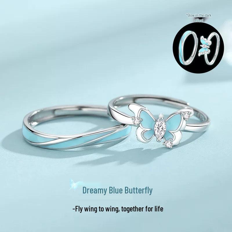 Snové modré motýlí svítící smaltované snubní prsteny pro pár - Dámské luxusní otevřené ladící dárkové prsteny