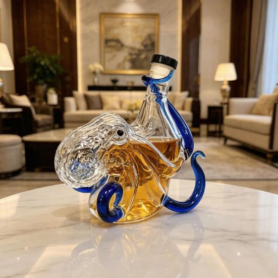 3D Octopus Shaped Glass Liquor Bottle, 350ml Borosilicate Whiskey Decanter, Spill-Free Decorative Pouring Bottle for Spirits Whiskey Wine Display
