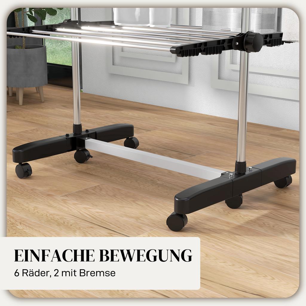 Four-Shelf Collapsing Clothes Horse, With Side Arms and Wheels - Black