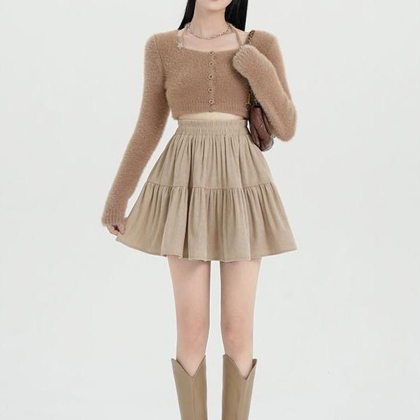 Women's Corduroy Umbrella Skirt High-Waist A-Line Skirt Autumn Short Mini Skirt