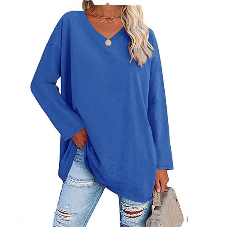 Super Large Multi-color Loose V-neck Women's T-shirt with Drop Shoulder Sleeves
