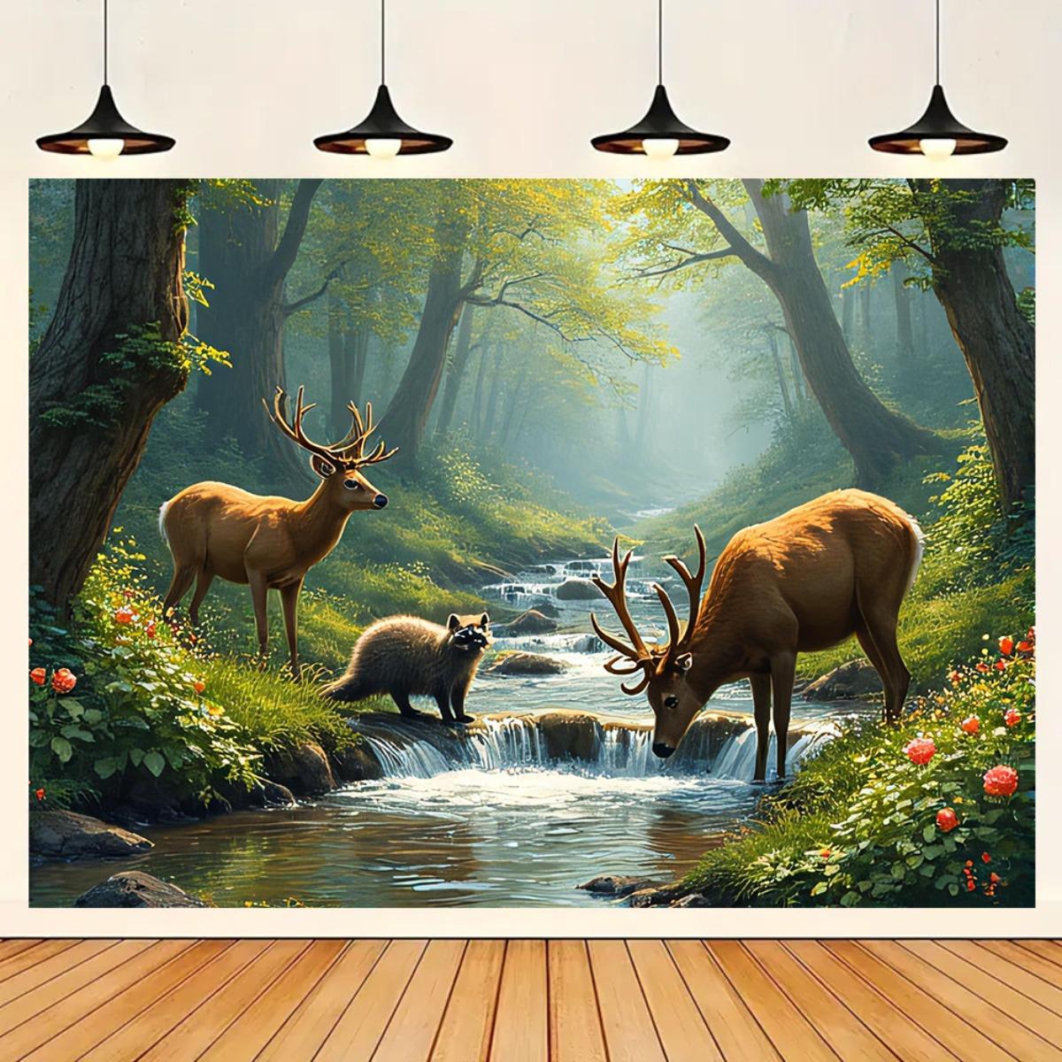 Настенный mural  Лесной ручей с оленями  2D HD Печать Природа Дикая жизнь Искусство Пейзаж Декор Домашний интерьер Гостиная Обои 74x94cm(29x37in)