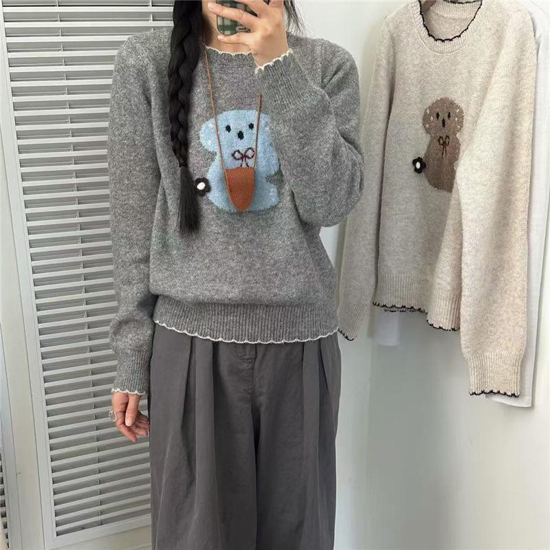 

Уютный свитер с медведем в стиле кэжуал - Женский вязаный пуловер свободного кроя на осень/зиму 2024, корейское издание S серый