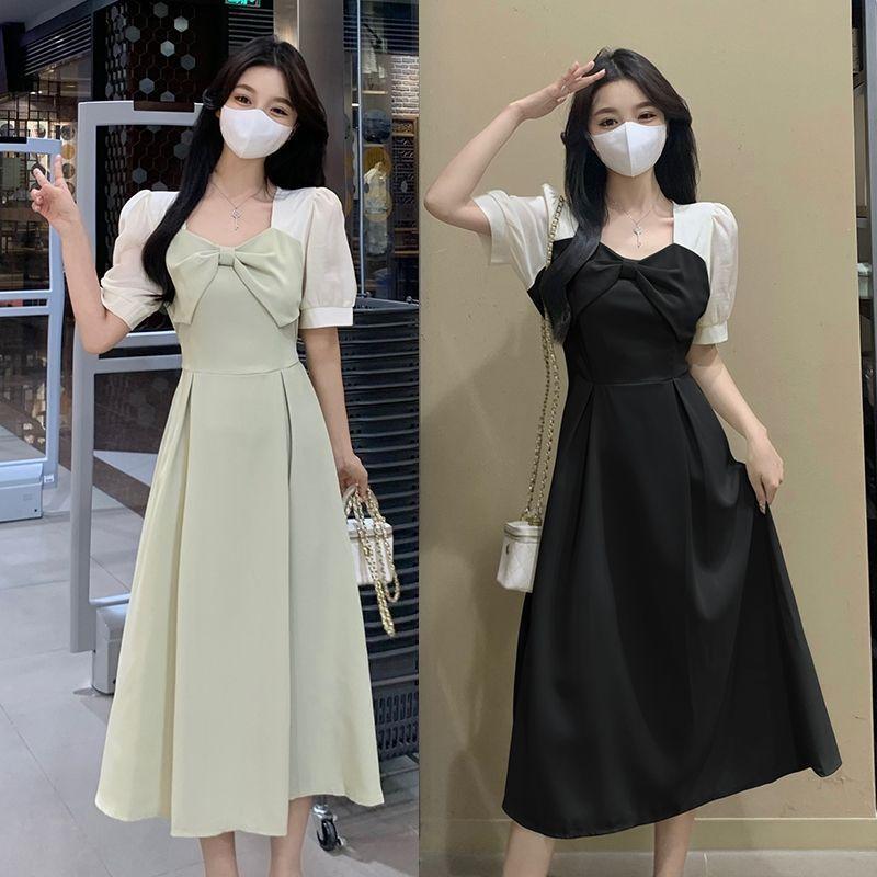 Plus Size Hepburn-style Dress, Summer New French Bow Patchwork with Plus-size A-line Mid-length Skirt