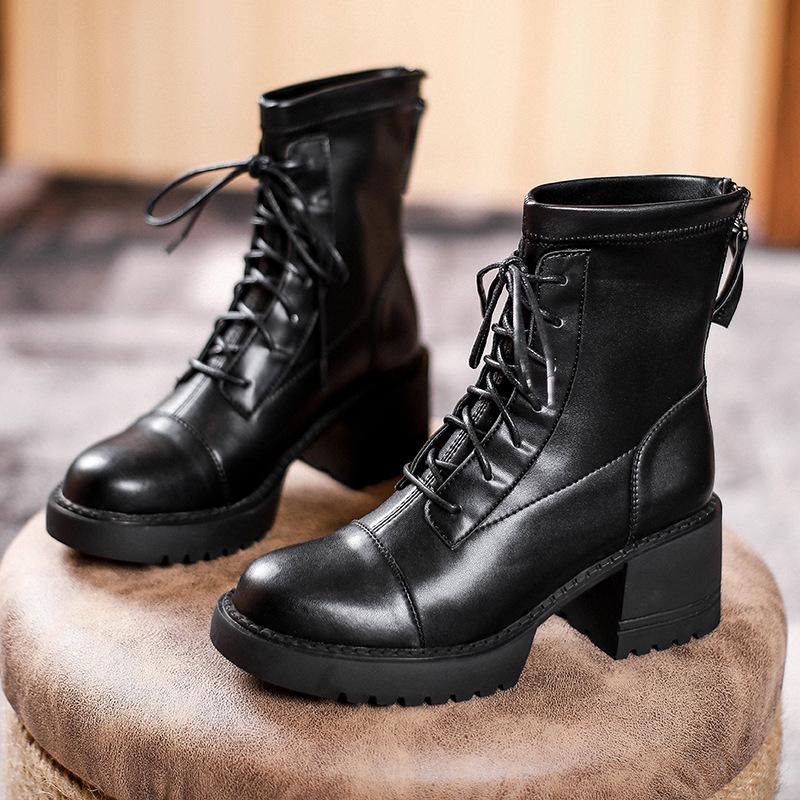 Short boots women's thick heel platform British style 2025 new retro brown Martin boots lace-up high-heeled spring and autumn single boots