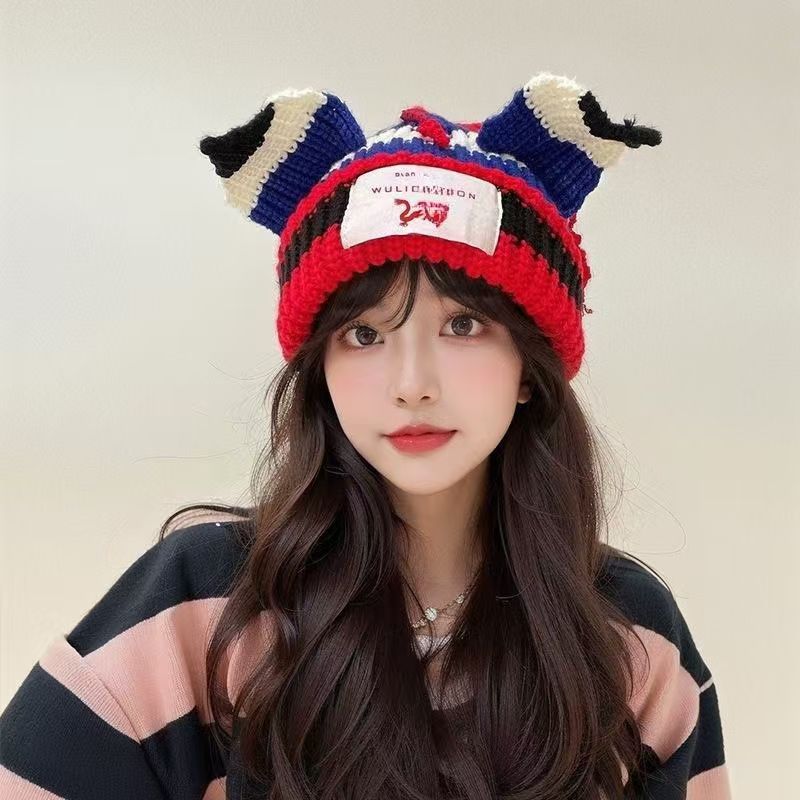 Pig Hat Korean New Contrasting Color Cute Pig Ears Thickened Warm Wool Hat Men and Women Autumn and Winter Color Blocking Knitted Hat