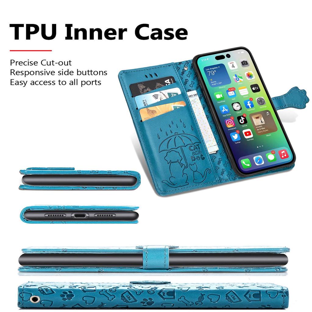 iPhone 16 Flip Leather Case - PU Embossed Cat Dog Design - Compatible with Apple 15