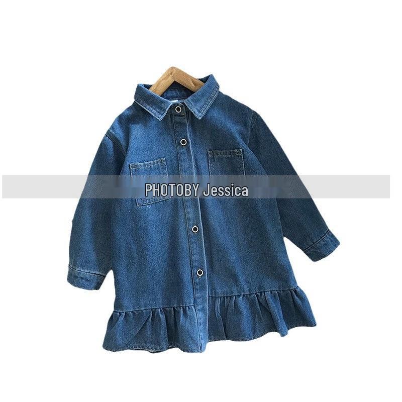 Korean Style Ruffle Denim Skirt Dress for Girls - Spring & Autumn Long Sleeve Trend