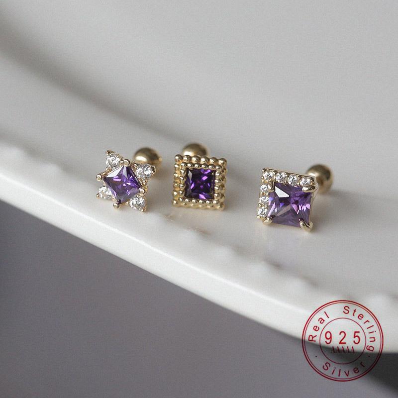 S925 Sterling Silver Plated 18K Gold Earrings for Women Purple Zircon Geometric Simple Temperament Screw Ear Bone Nail