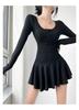 Sexy Pure Desire Ballet Style U-neck Waist Pleated Skirt Long-sleeved Dress Women's Summer High-waisted Shorts Two-piece Set