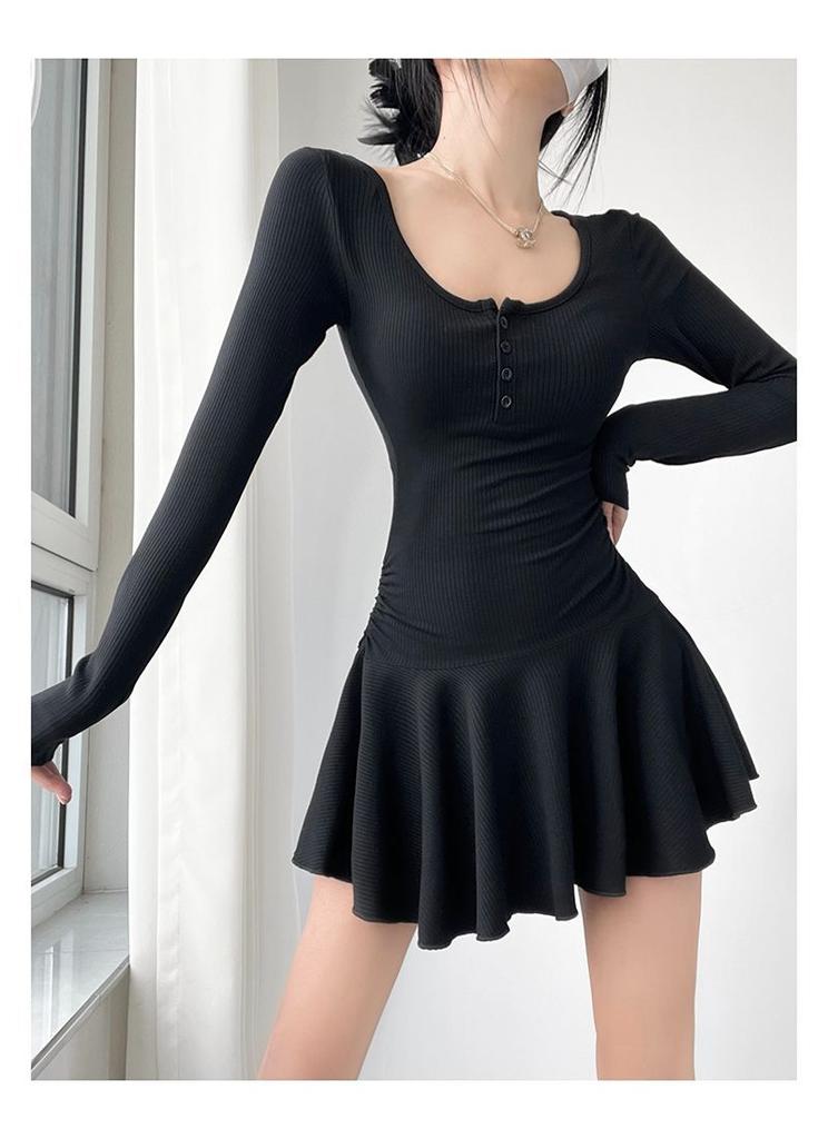 Sexy Pure Desire Ballet Style U-neck Waist Pleated Skirt Long-sleeved Dress Women's Summer High-waisted Shorts Two-piece Set
