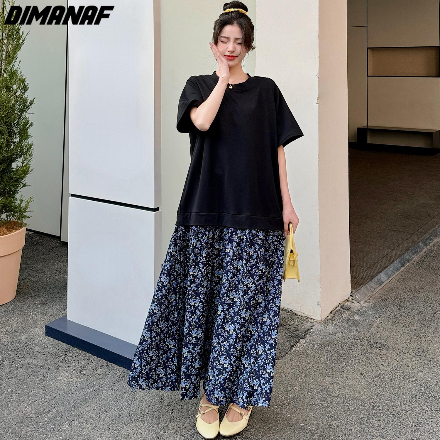 

DIMANAF Женское платье больших размеров 2024, летнее длинное платье большого размера, повседневное платье с цветочным принтом, свободные платья с короткими рукавами, черное L чёрный