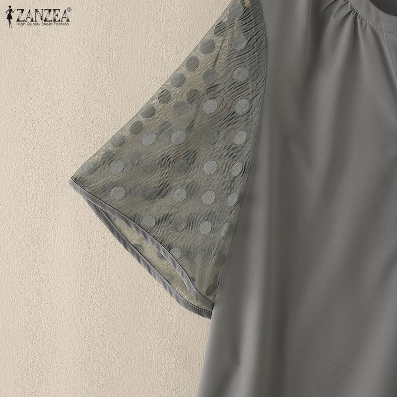 ZANZEA Women Casual V-Neck Mesh Splice Half Sleeve Blouse