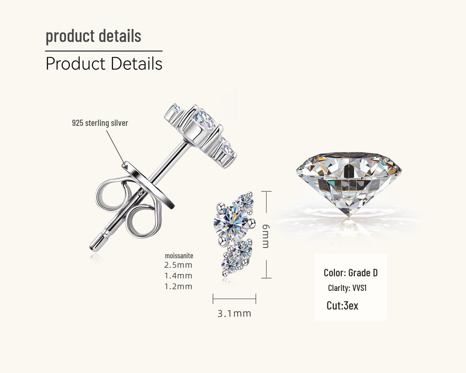 

Европейские и американские серьги-пусеты с муассанитами - Модные гипоаллергенные украшения из стерлингового серебра S925 0.09 carat + 0.09 carat белый