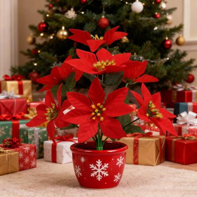 Fiori di Natale Artificiali 7 Teste Poinsettie Finte Bouquet per Vaso da Tavola di Natale