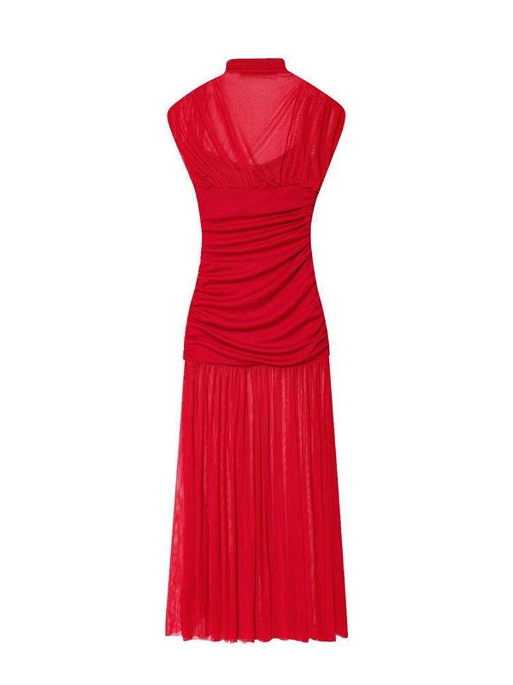 Black Mesh Maxi Dress For Women Sexy Sleeveless See-Through Pleated Party Dress Female Fashin Bodycon Long Dress 2025