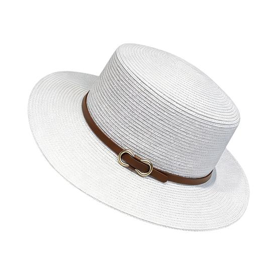 Panama Hat Women Men Faux Leather Buckle Straw Sun Hat French Style Flat-Top Style Wide Brim UV Protection Beach Hat