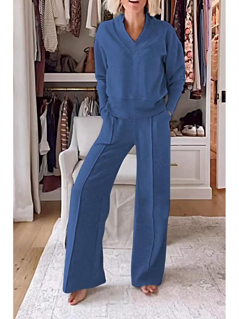 European & American Women's V-Neck Long Sleeve Top & Wide-Leg Pants Set for Autumn/Winter 2025.