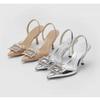 Brand Designer Silver High Heels Sandals Women 2025 Summer Crystal Square Buckle Sandals Woman Pointed Toe Slingbacks Party Shoe