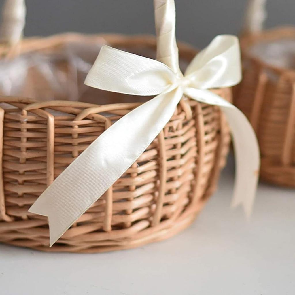 Woven Desktop Storage Basket Handheld Wicker Basket with Ribbon Bow Handle for Organizing Small Items and Decorative Use