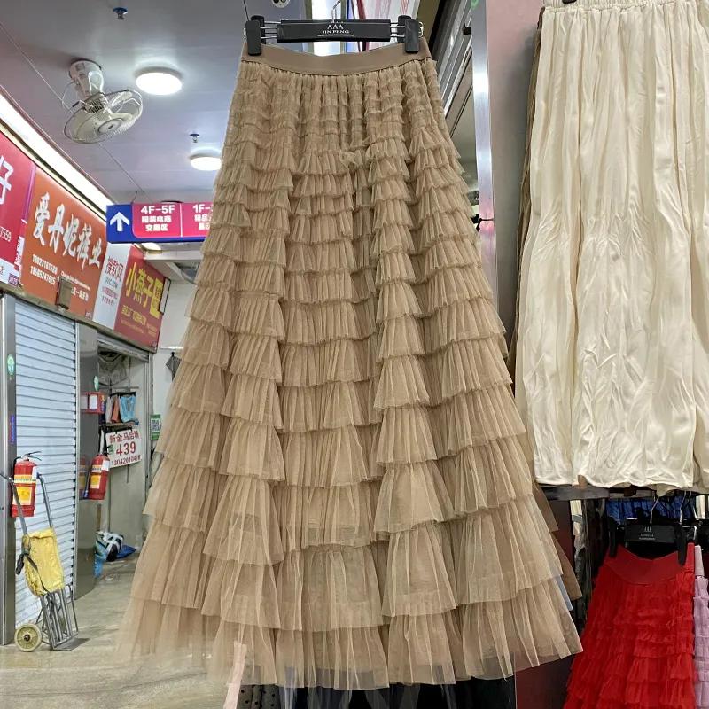 Damen Frühling/Herbst Netzrock High-Waist Schlankmachender A-Linien-Rock mit Drapierung Faltenrock