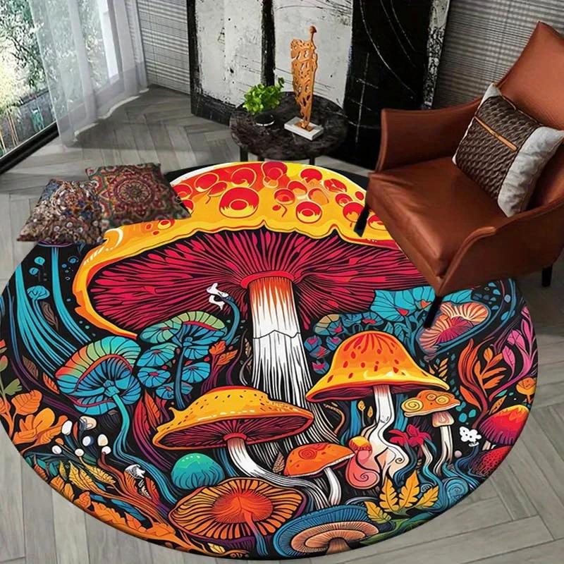 Cute Mushroom Round Area Rug – Soft Washable Carpet for Bedroom or Entryway – Non-Slip Floor Mat, Nature-Inspired Balcony Decor
