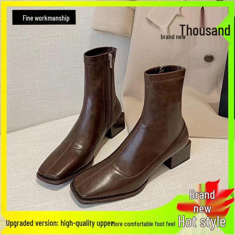 European & American Kendall Square Toe Chunky Heel Ankle Boots - Autumn/Winter Patent Leather Fashion for Women.