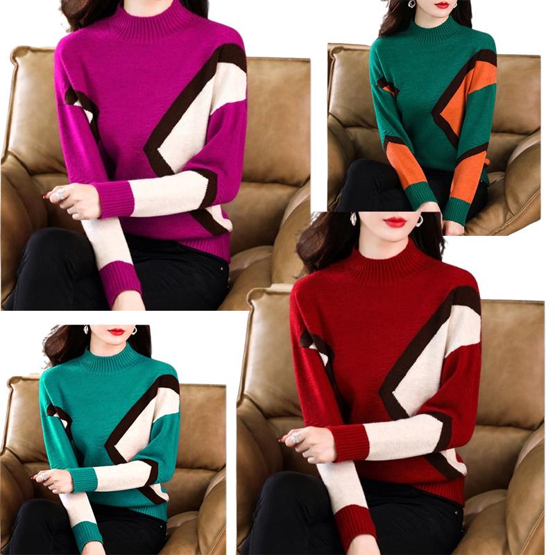 Women Knitted Sweater Pullover Autumn Winter New Korean Long Sleeve Loose Casual Color Block Sweater Fashion Female Tops