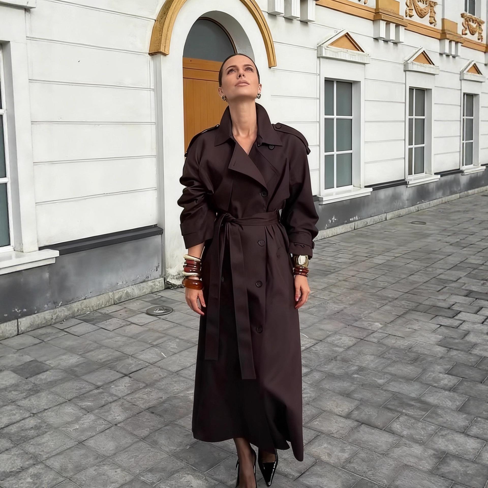 Европейская и американская женская мода Лацкан Длинное Тренчкот Куртка Small