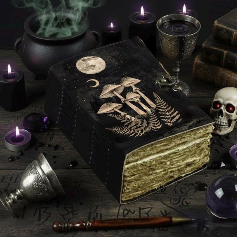 Handmade Mushroom Leather Journal, Fairy Moon Grimoire Notebook with Deckle Edge Paper, Cottagecore Fairycore Spell Book of Shadows