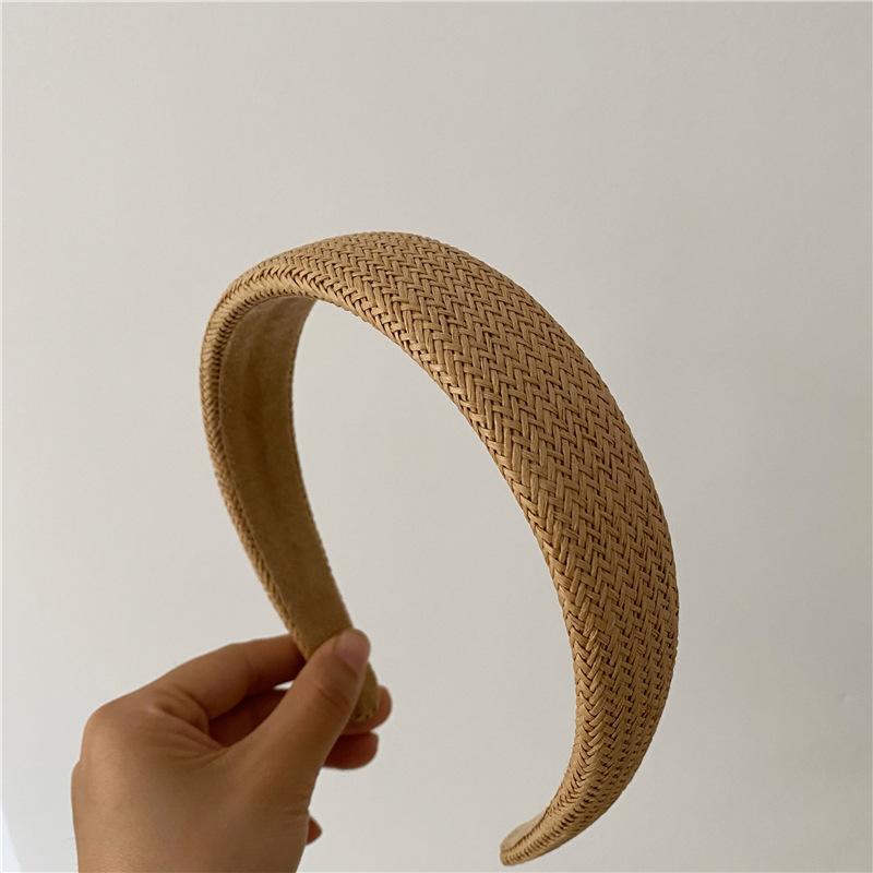 Handmade Weaving Straw Headband Cross Women Summer Headwear Wide Rattan Hairband Knot Outdoor Headdress Hair Hoop Solid