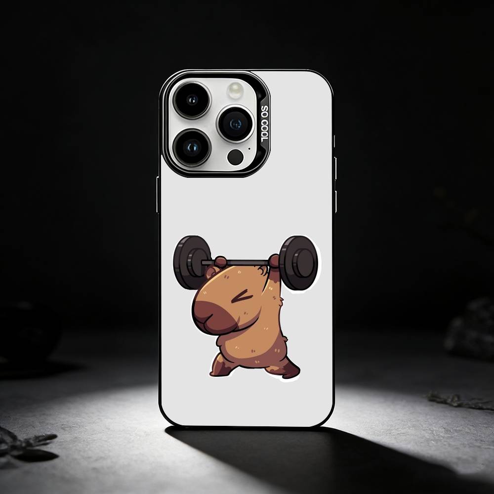 Cute Cartoon Animal Lifting Iron Phone Case For iPhone 17,16,15,14,13,12,11 Plus,Pro Max,XS,Colored Silver Phone Case