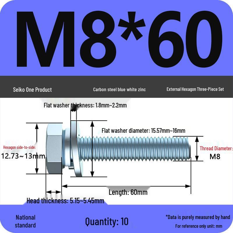 Grade 8.8 Galvanized Hex Bolt Set: Includes Hex Bolt, Spring Washer, Flat Washer (Sizes: M4, M5, M6, M8, M10, M12)
