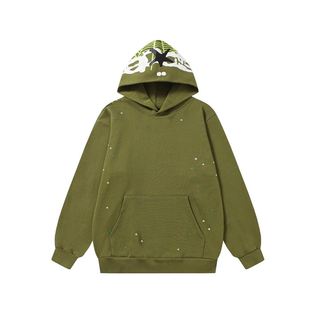 A high-quality SP5DER spider web foam printed hoodie, European and American large-size loose sweater.