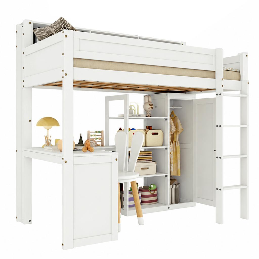 Bunk Bed with Desk and Wardrobe, Children's Bed, Fall Protection Rail, with Shelves and Four-Step Ladder, Storage, Pine+MDF+Plywood, White, 90x200cm