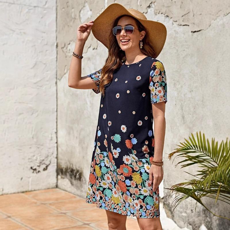 Spring/summer Floral Print Crew Neck Women's Short-sleeved Dress